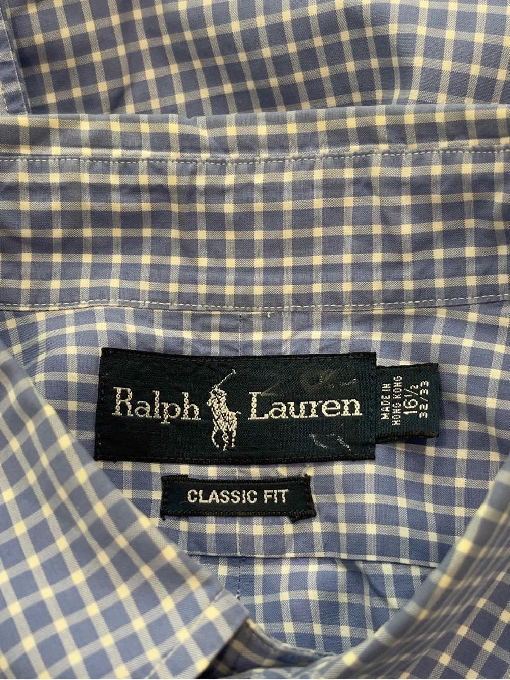 Vintage 90s Polo Ralph Lauren Blue White Gingham Button Down Shirt 16 1/2 32/33
